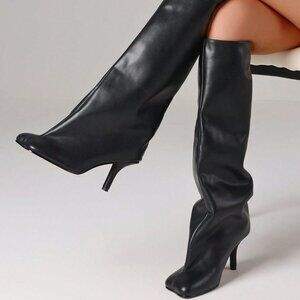 Womens Knee High Square Toe Stiletto Black Boots